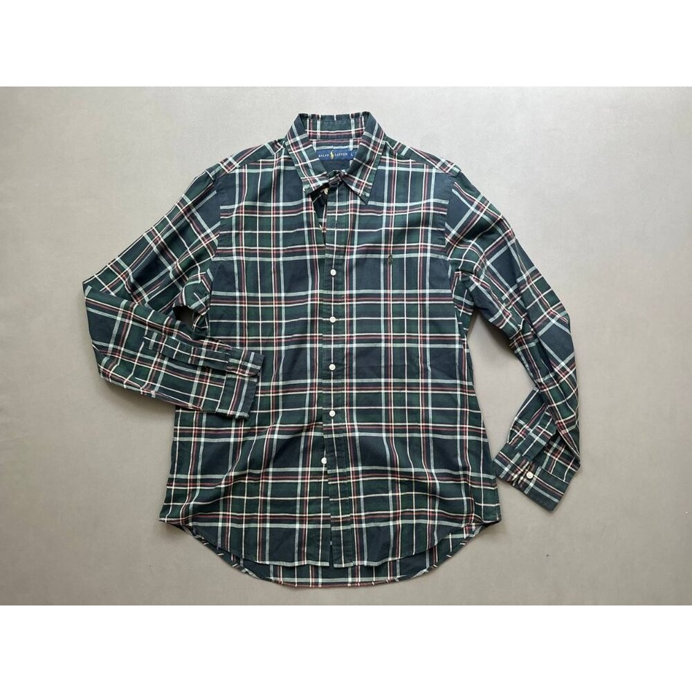 Ralph Lauren Oxford Dress Shirt Mens Large Green Plaid Cotton Pony Logo